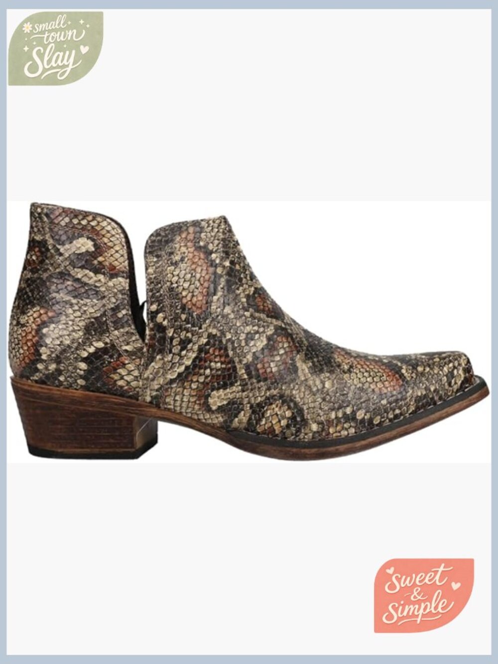 Snip Toe Cowboy Booties with Snake Print, Faux Leather, 1.5" Heel